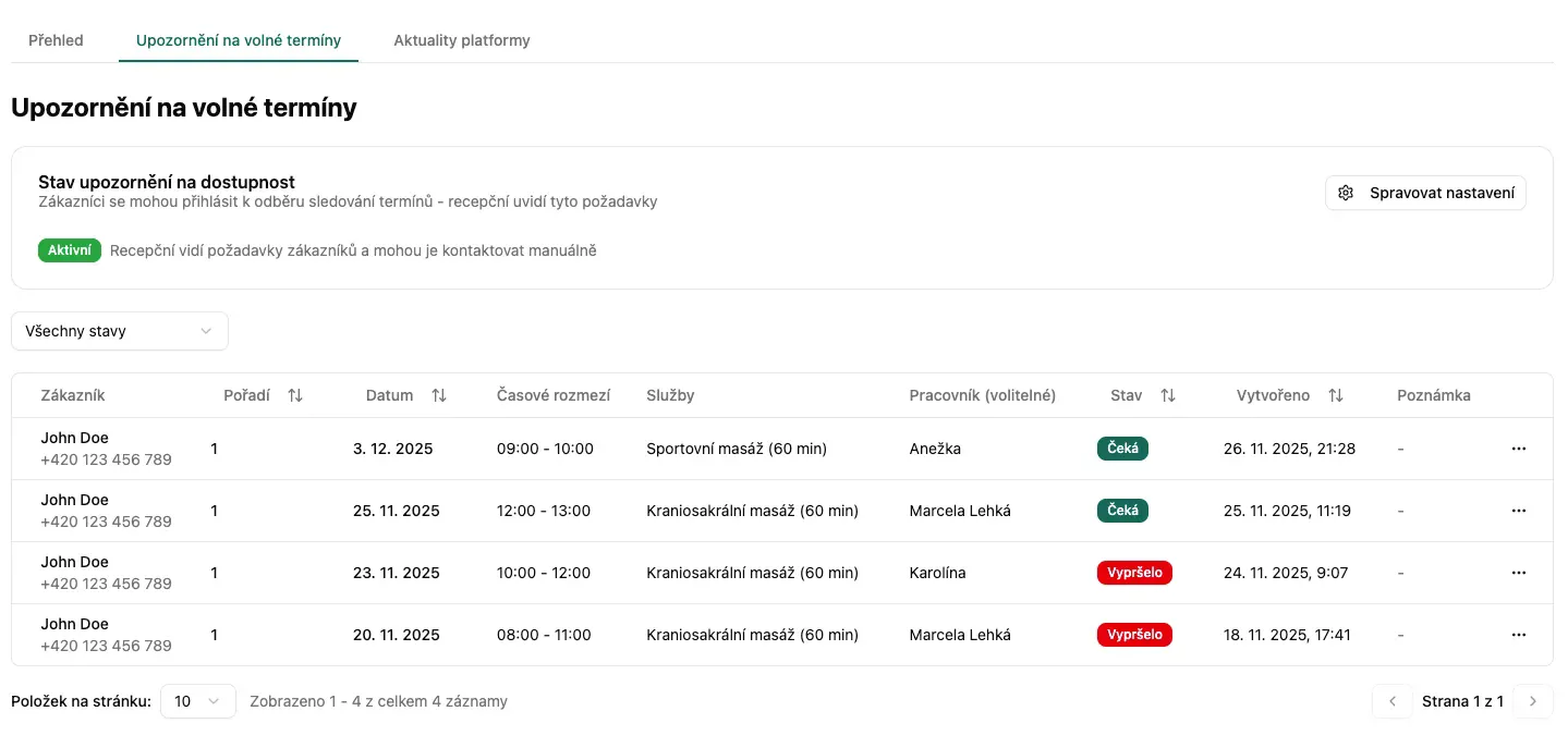 Upozornění na volné termíny