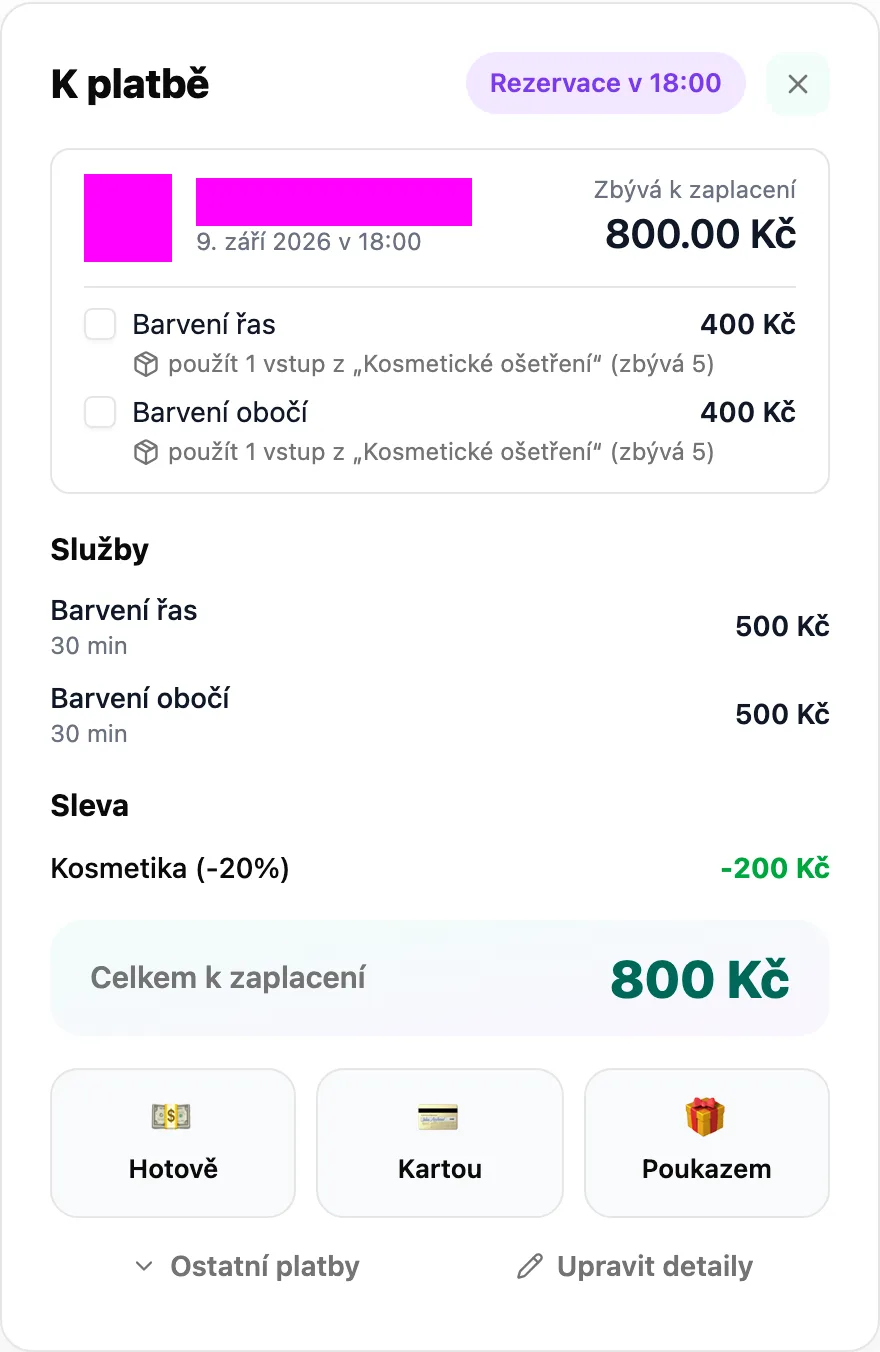 Panel K platbě s nabídkou použít vstup u každé služby rezervace zvlášť