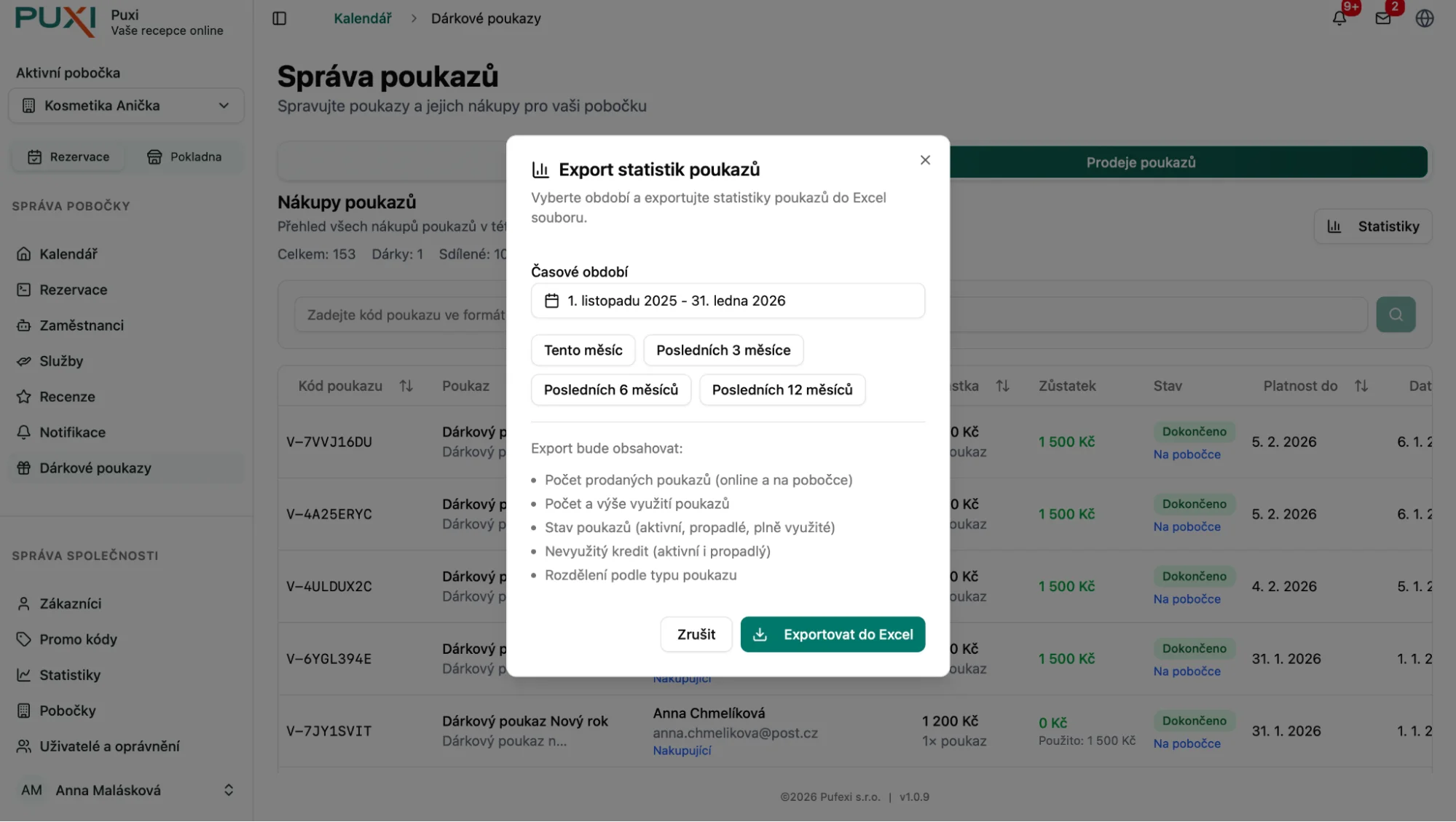 Export statistik poukazů