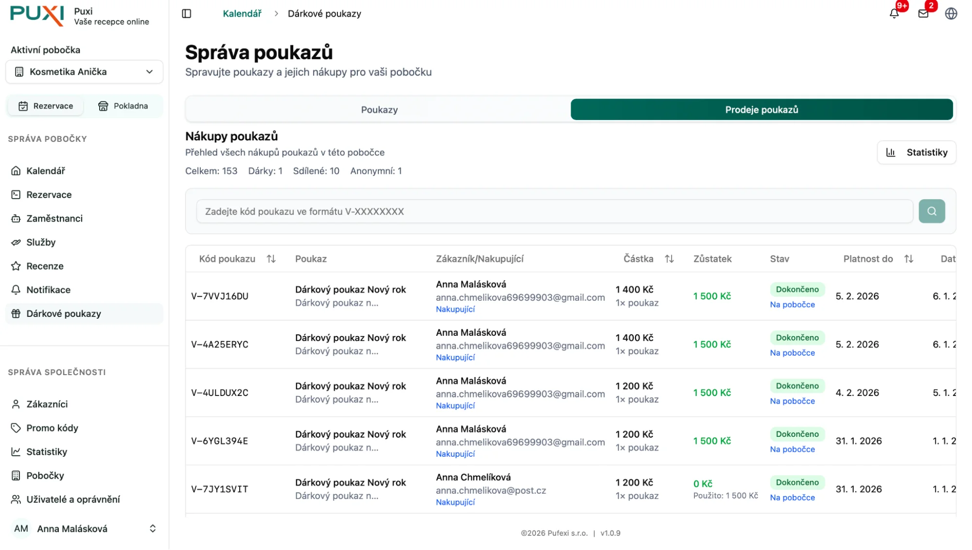 Prodeje poukazů - tlačítko Statistiky