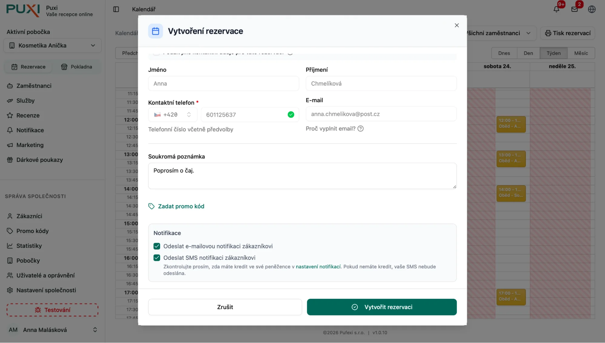 Odeslání notifikace při vytváření rezervace