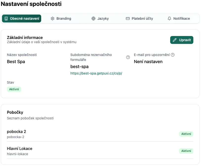 Obecné nastavení společnosti - přehled základních informací