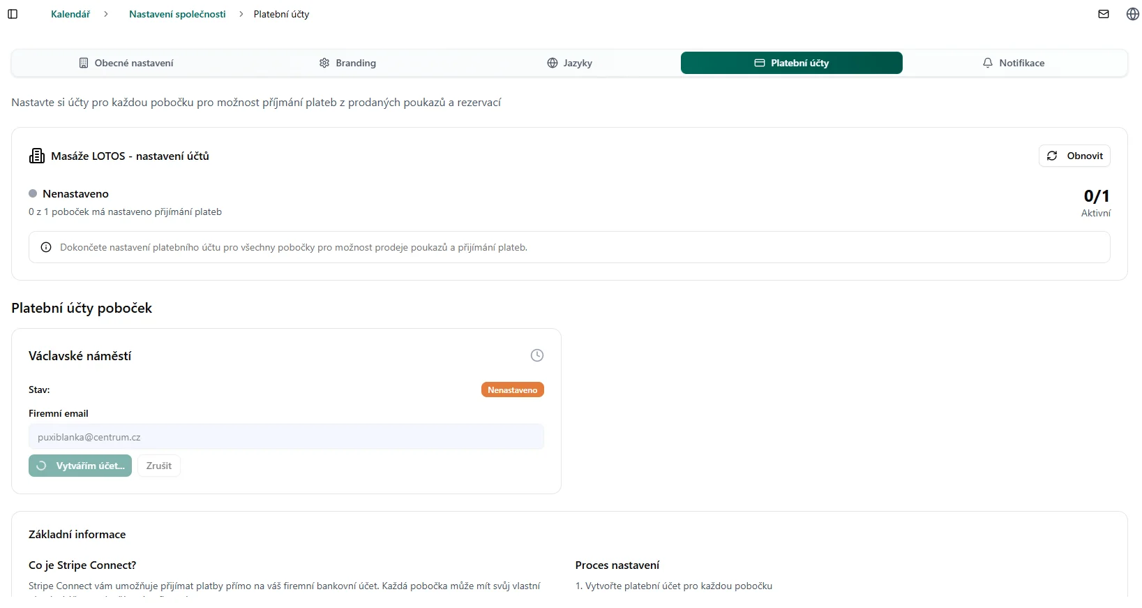 Nastavení platebního účtu