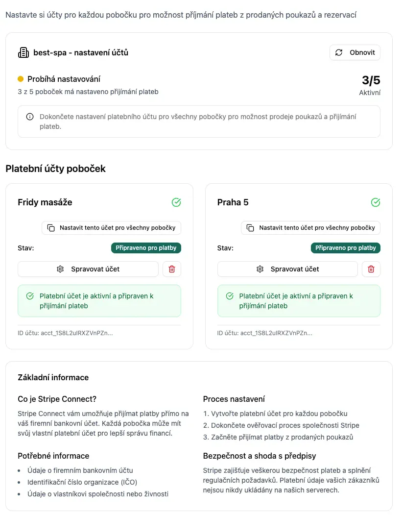 Platební účty - přehled nastavení