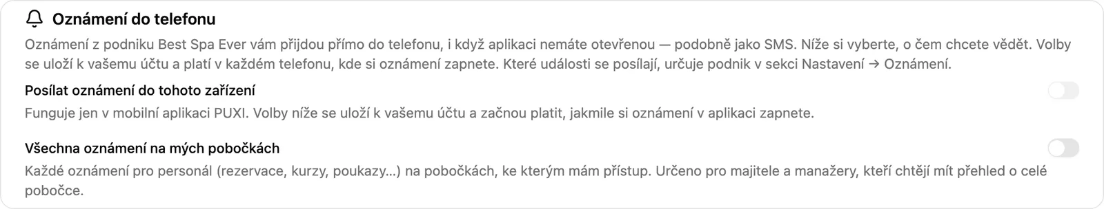 Sekce Oznámení do telefonu v profilu uživatele