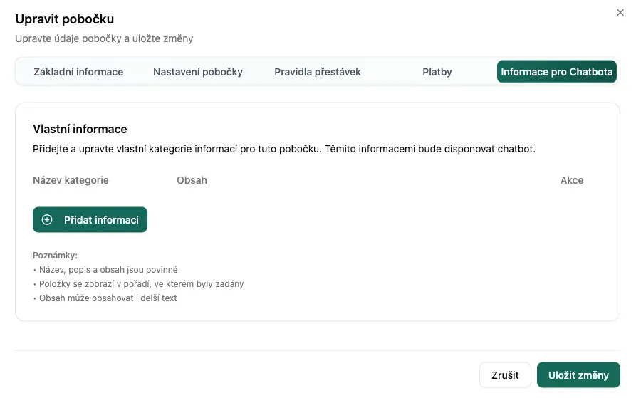Informace pro Chatbota