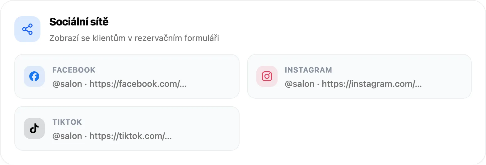 Karta Sociální sítě s poli Facebook, Instagram a TikTok