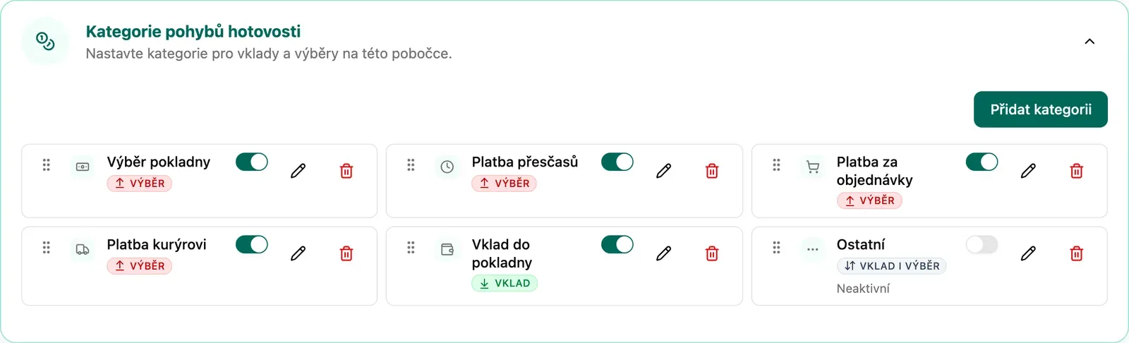 Karta Kategorie pohybů hotovosti s doporučenými kategoriemi