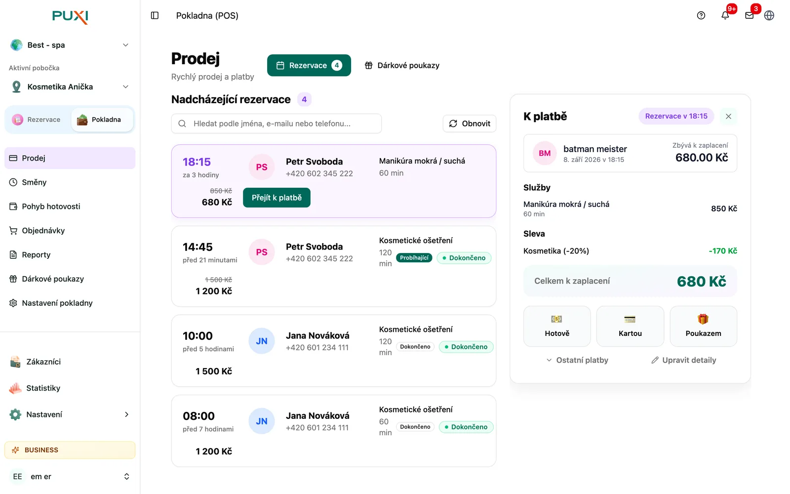 Panel K platbě se službami a celkovou částkou