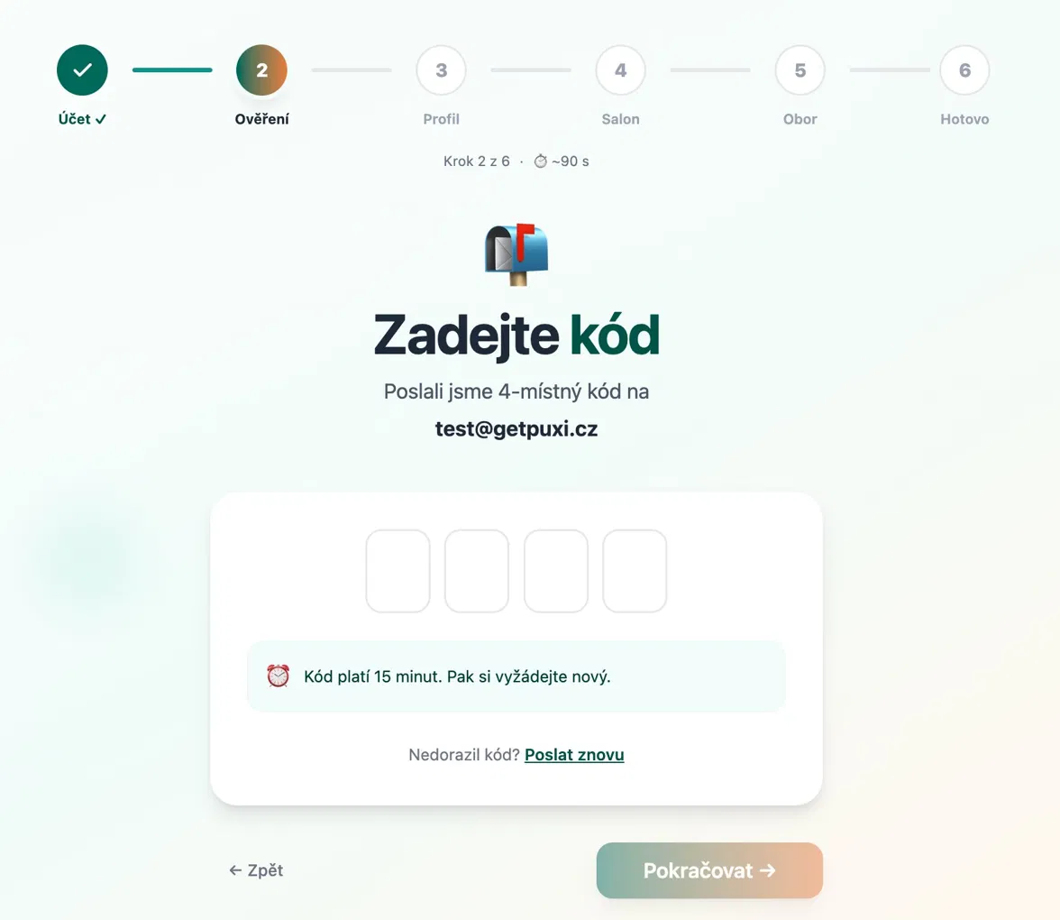 Krok 2 – zadání ověřovacího kódu