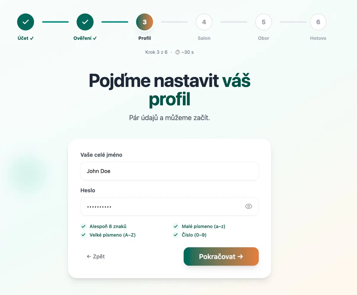 Krok 3 – nastavení profilu a hesla
