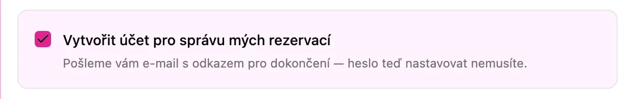 Zaškrtávátko Vytvořit účet pro správu mých rezervací v kroku Vaše údaje
