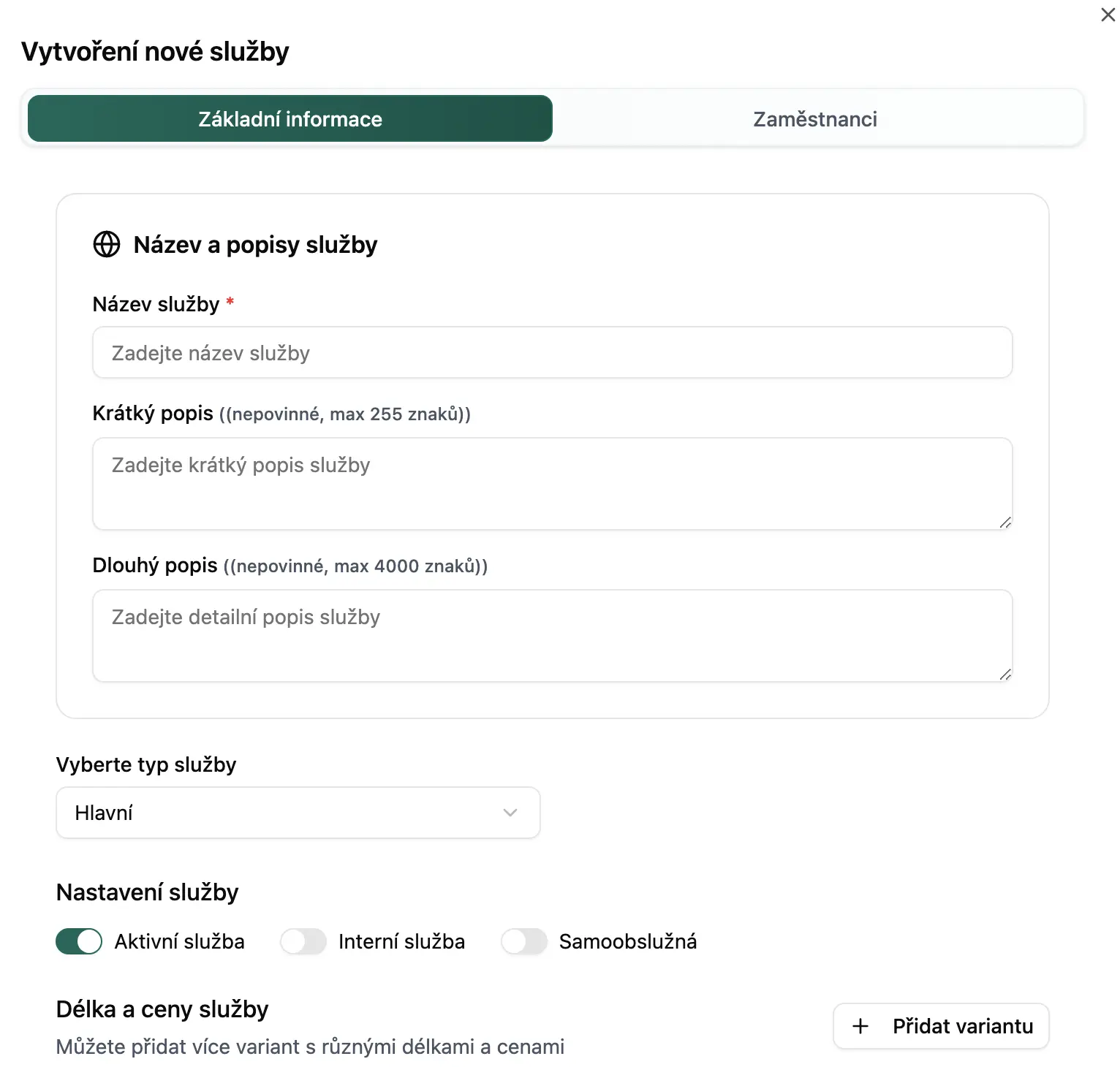 Vytvoření nové služby