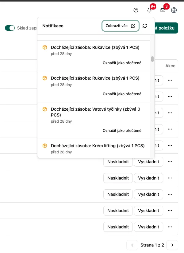 Notifikace o docházejících zásobách