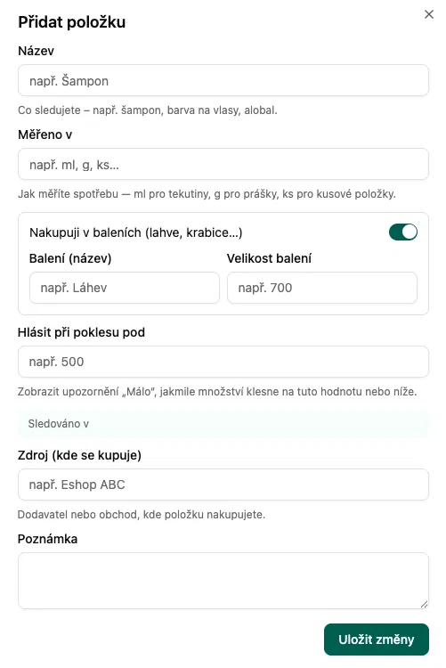 Formulář pro přidání skladové položky