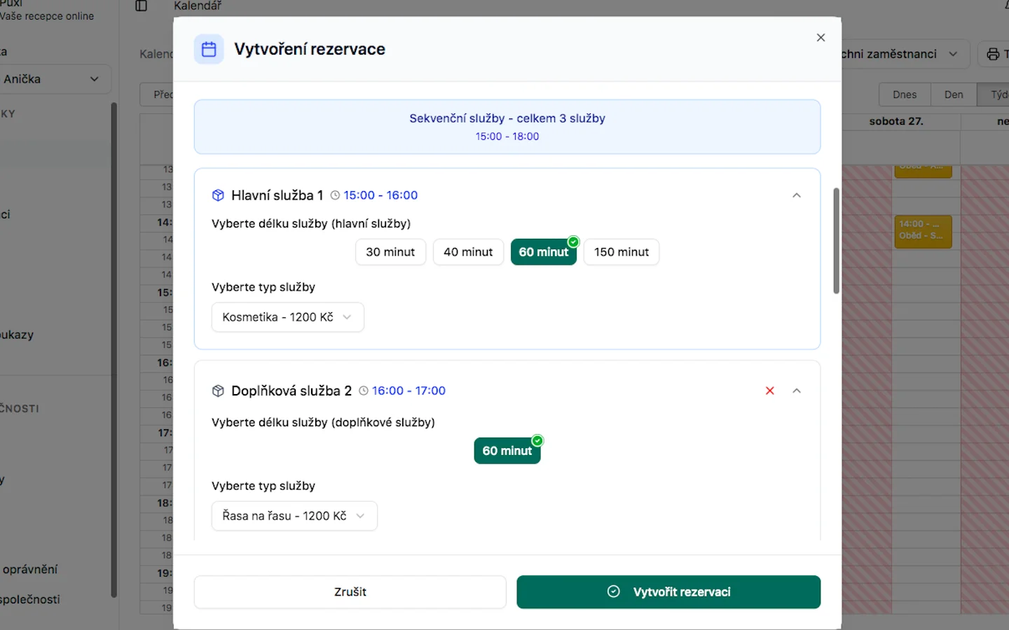Párová rezervace s více službami - krok 1