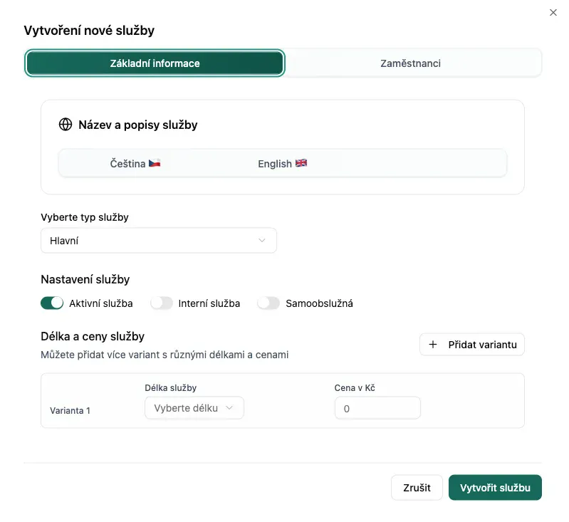 Vytvoření nové služby