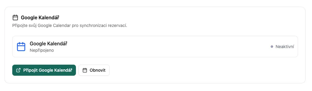 Nepřipojený Google Kalendář - tlačítko pro připojení Google Kalendáře