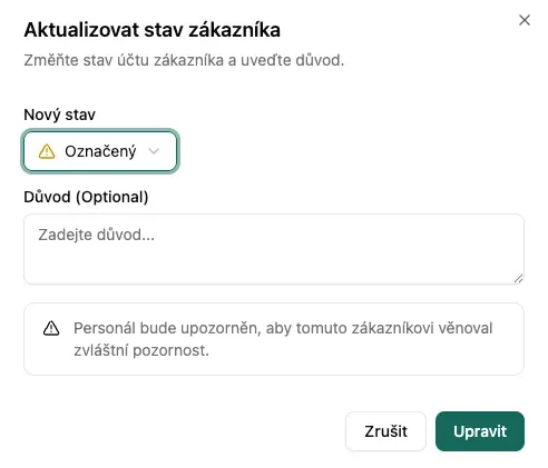 Aktualizovat stav zákazníka