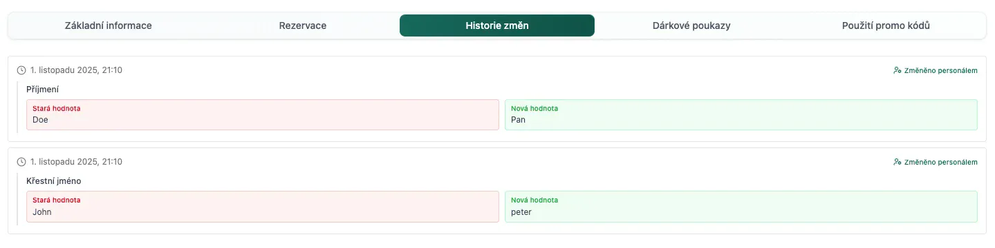 Historie změn zákazníka