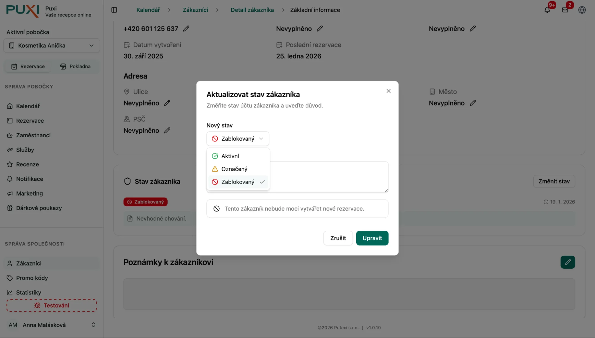 Změna stavu zákazníka