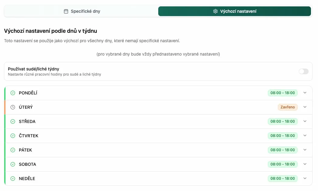 Výchozí nastavení pracovní doby