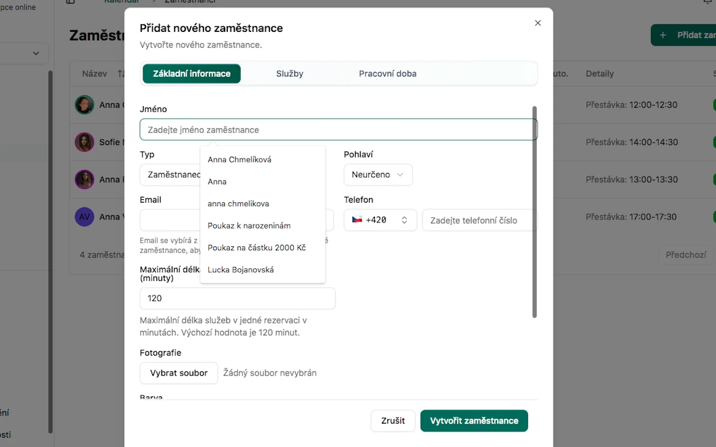 Vytvoření zaměstnance